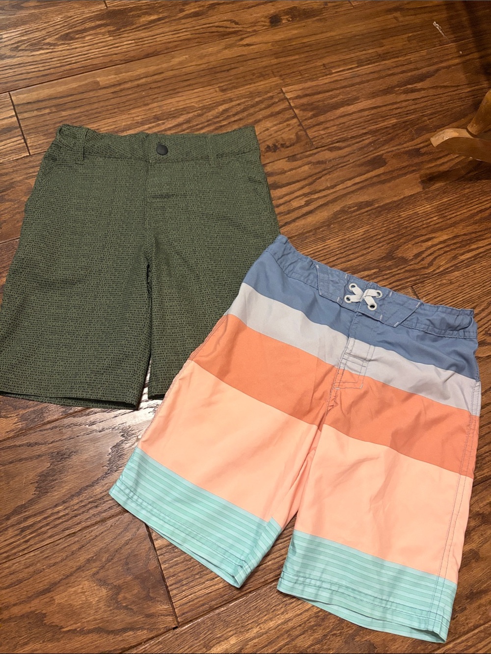 art class Green Knit Shorts + Blue, Peach, Mint Striped Swim Trunks